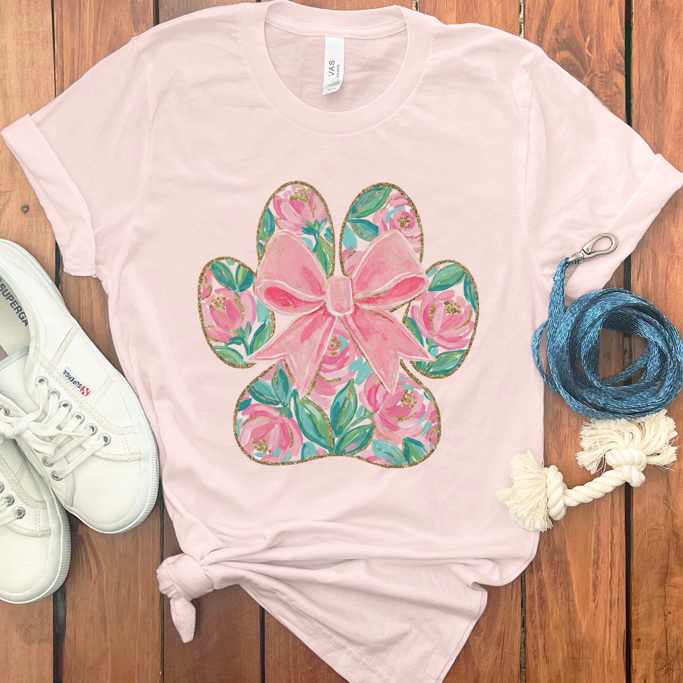 Floral Coquette Paw T-Shirt in Soft Pink / M by Puppy Jo