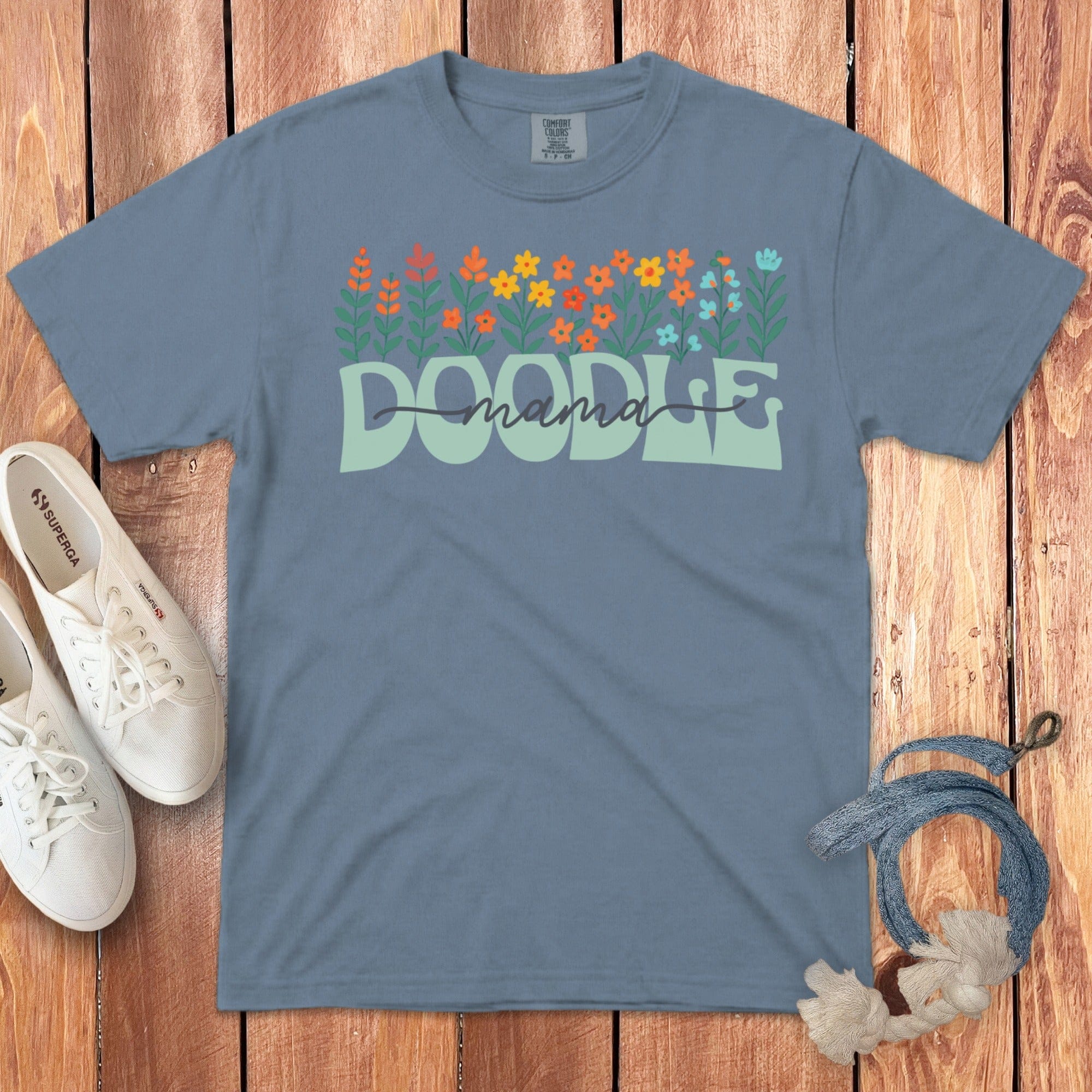 Floral Doodle Mama Signature T-Shirt in Blue Jean / S by Puppy Jo