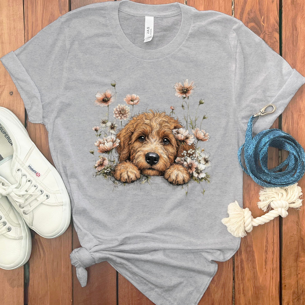 Floral Peeking Apricot Doodle T-Shirt in Athletic Heather / S by Puppy Jo