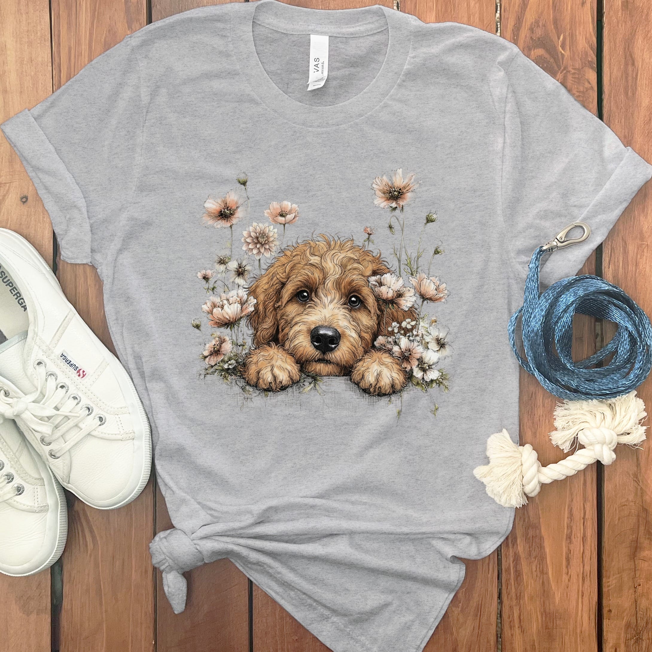 Floral Peeking Apricot Doodle T-Shirt in Athletic Heather / S by Puppy Jo