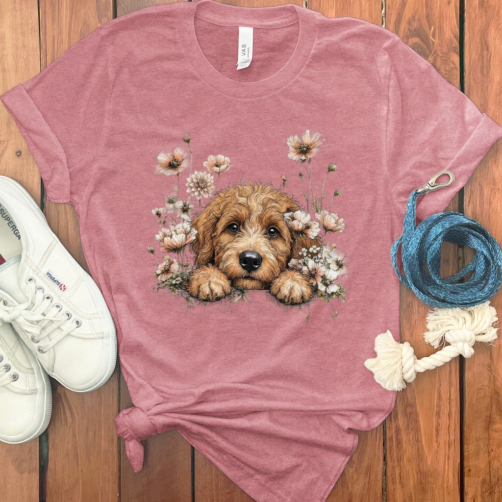 Floral Peeking Apricot Doodle T-Shirt in Heather Mauve / S by Puppy Jo