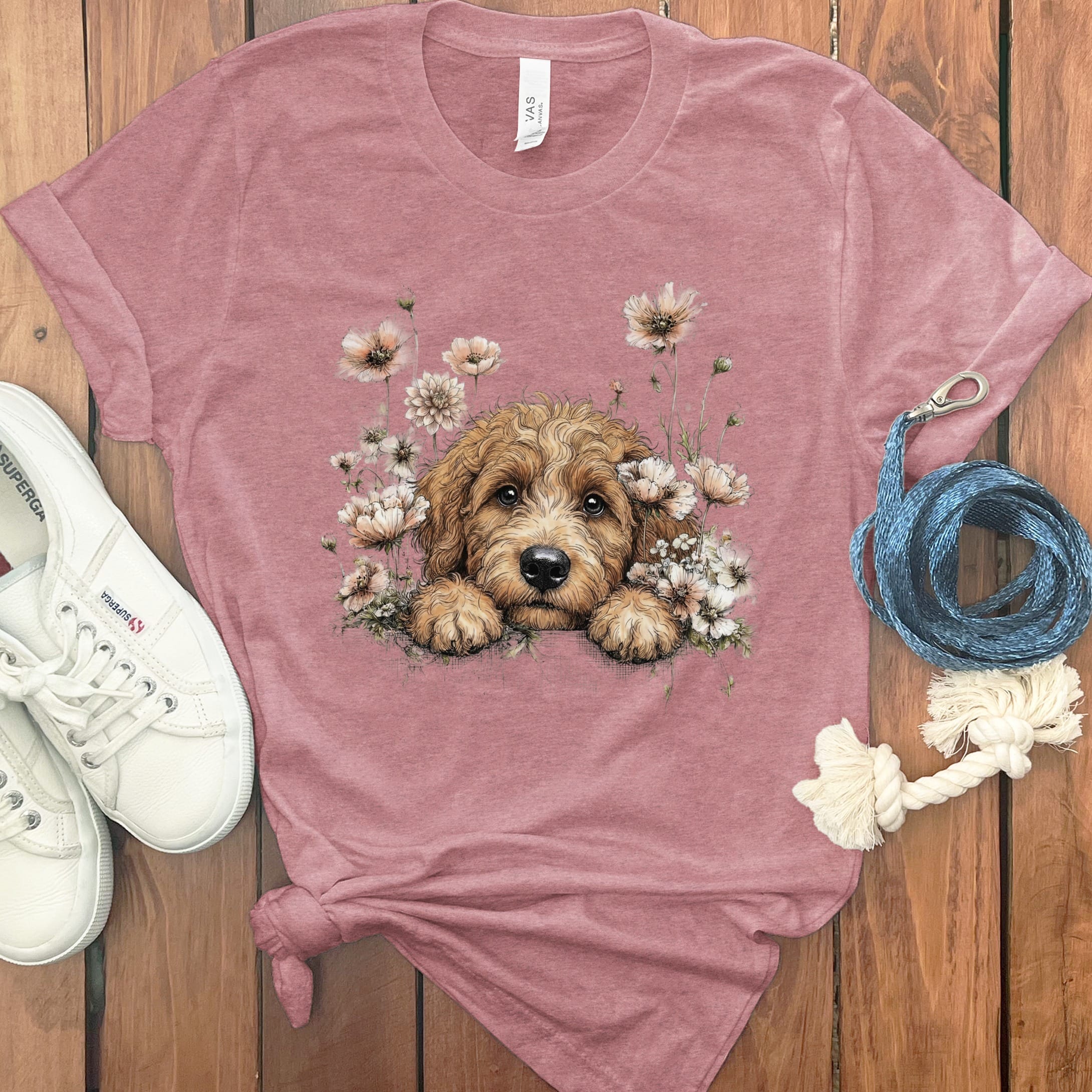 Floral Peeking Apricot Doodle T-Shirt in Heather Mauve / S by Puppy Jo
