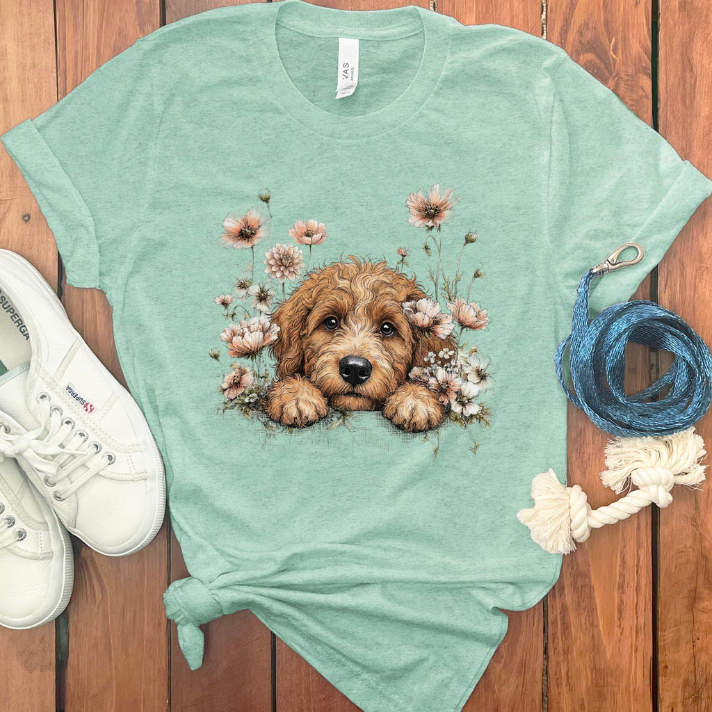 Floral Peeking Apricot Doodle T-Shirt in Heather Mint / S by Puppy Jo