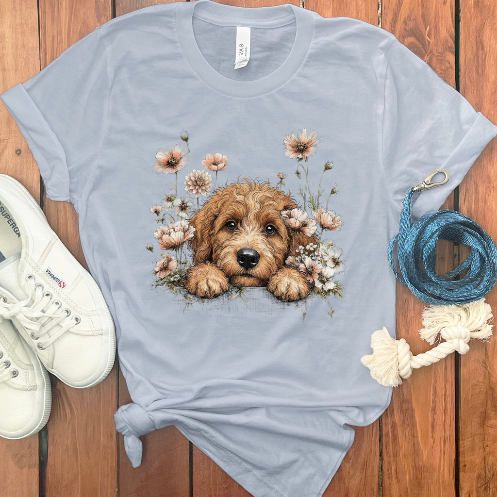 Floral Peeking Apricot Doodle T-Shirt in Light Blue / S by Puppy Jo