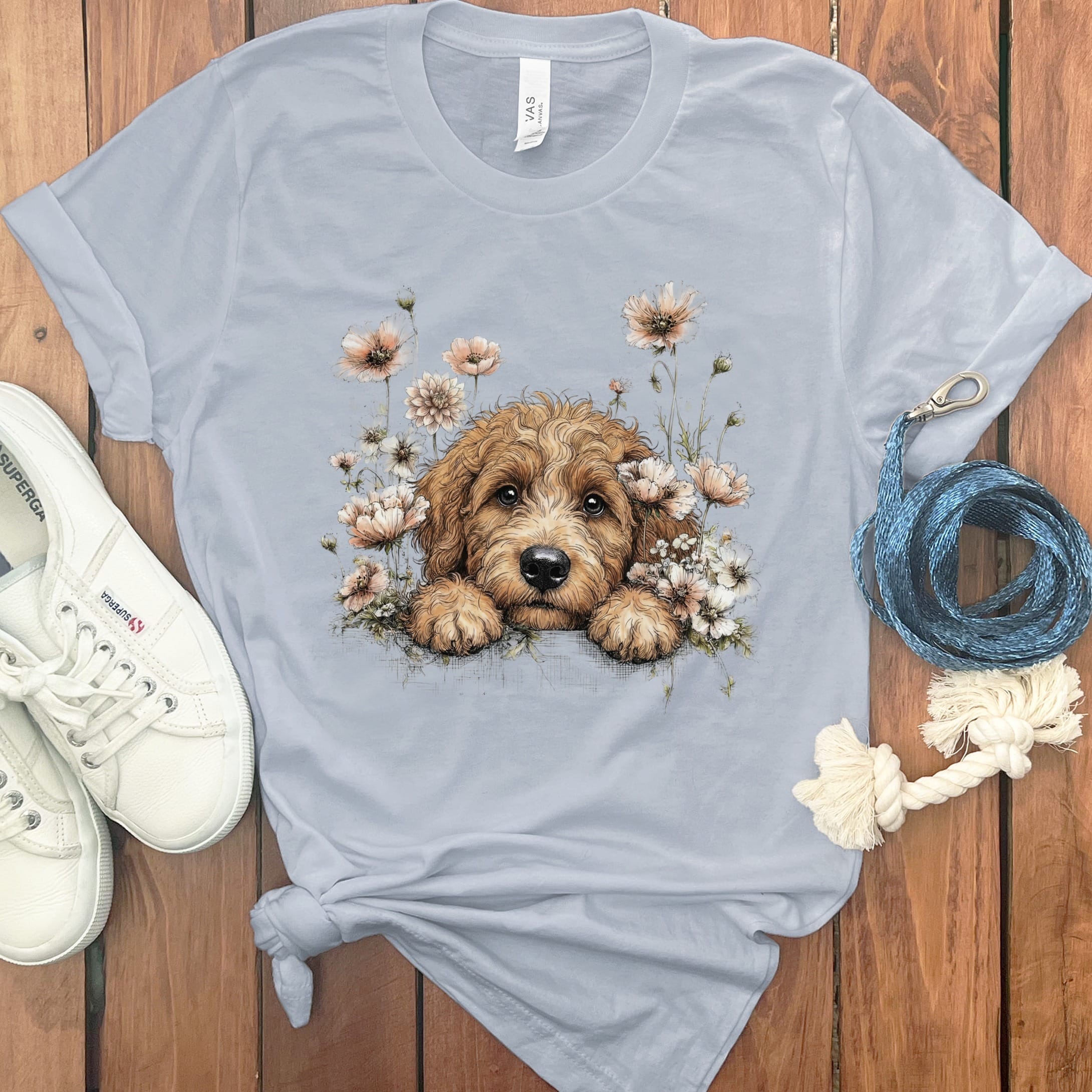 Floral Peeking Apricot Doodle T-Shirt in Light Blue / S by Puppy Jo