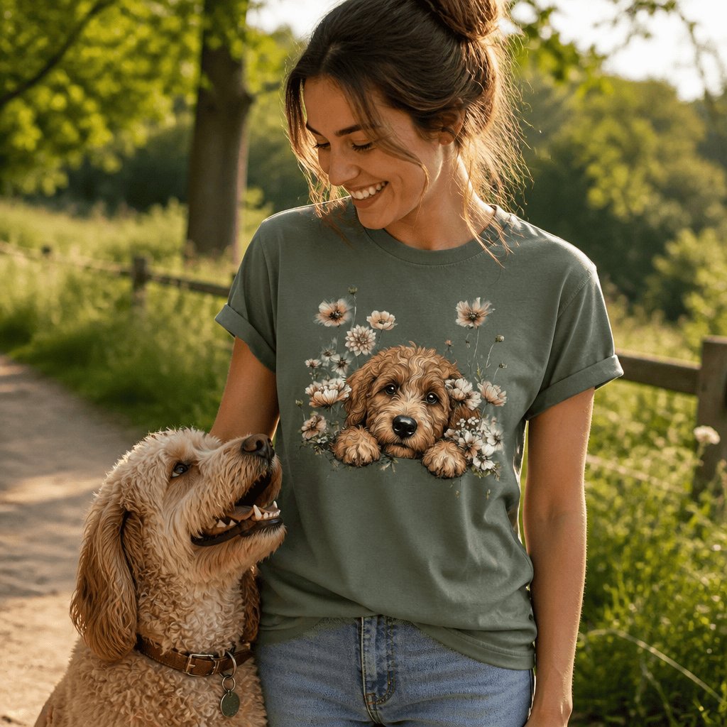 Floral Peeking Apricot Doodle T-Shirt in by Puppy Jo