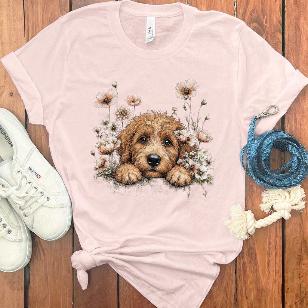 Floral Peeking Apricot Doodle T-Shirt in Soft Pink / S by Puppy Jo