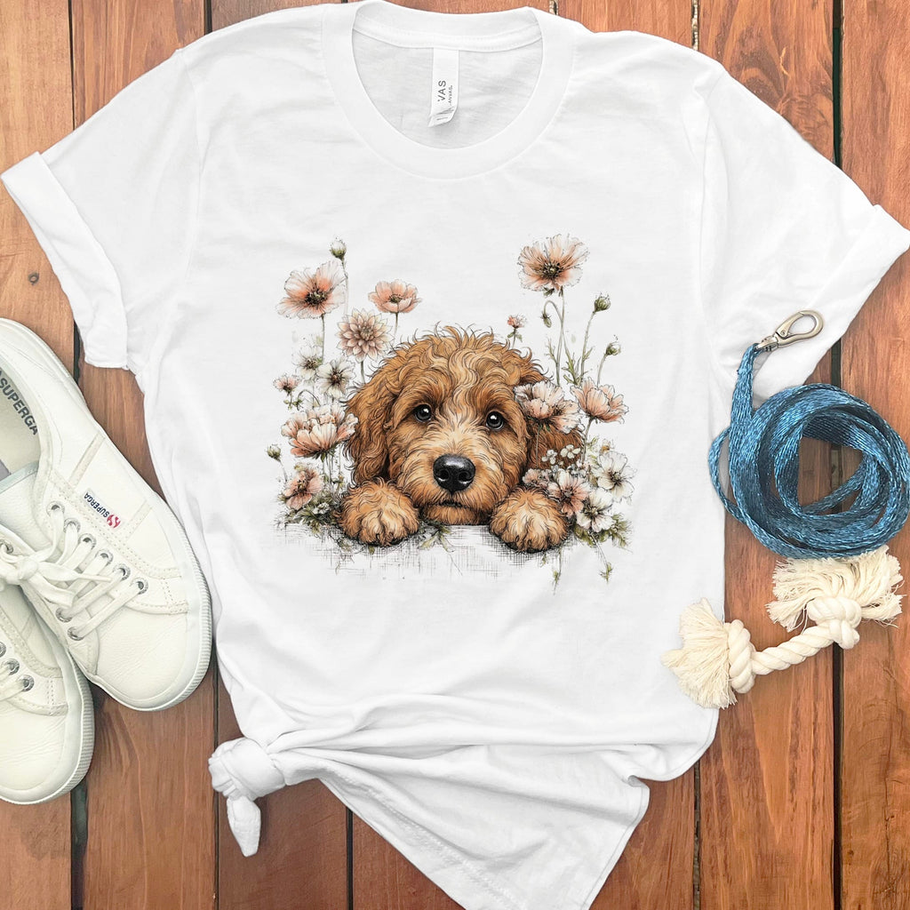 Floral Peeking Apricot Doodle T-Shirt in White / S by Puppy Jo