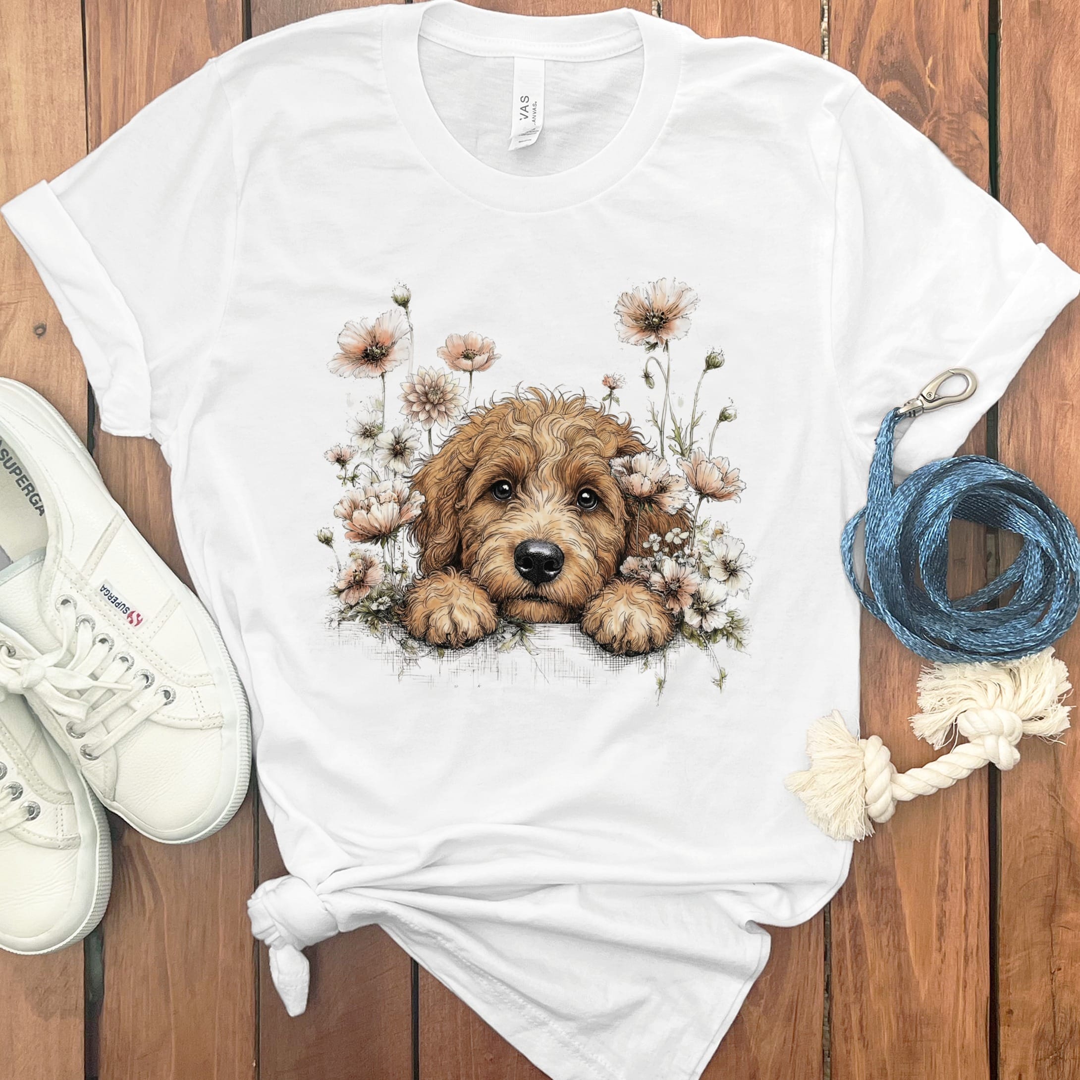 Floral Peeking Apricot Doodle T-Shirt in White / S by Puppy Jo