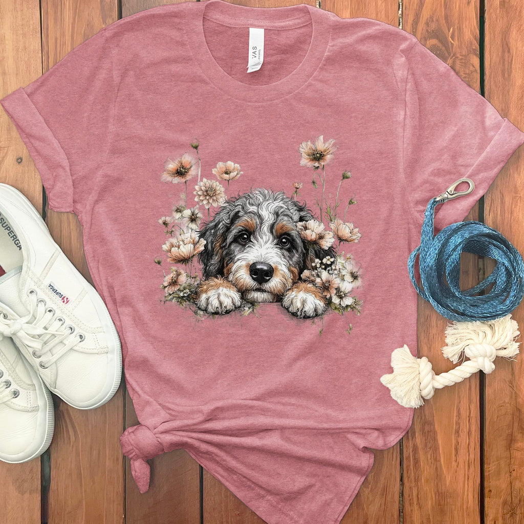 Floral Peeking Aussiedoodle T-Shirt in Heather Mauve / S by Puppy Jo