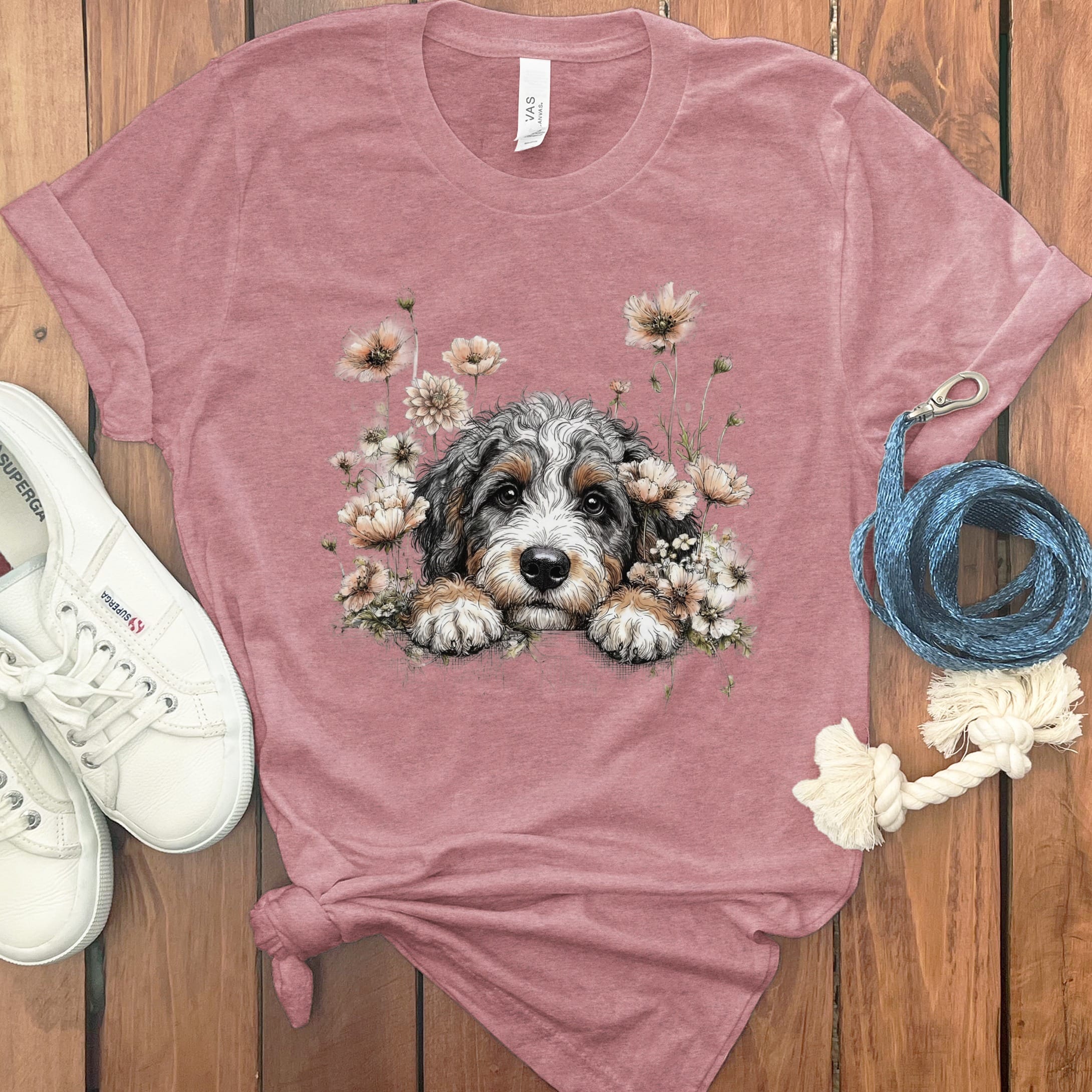 Floral Peeking Aussiedoodle T-Shirt in Heather Mauve / S by Puppy Jo