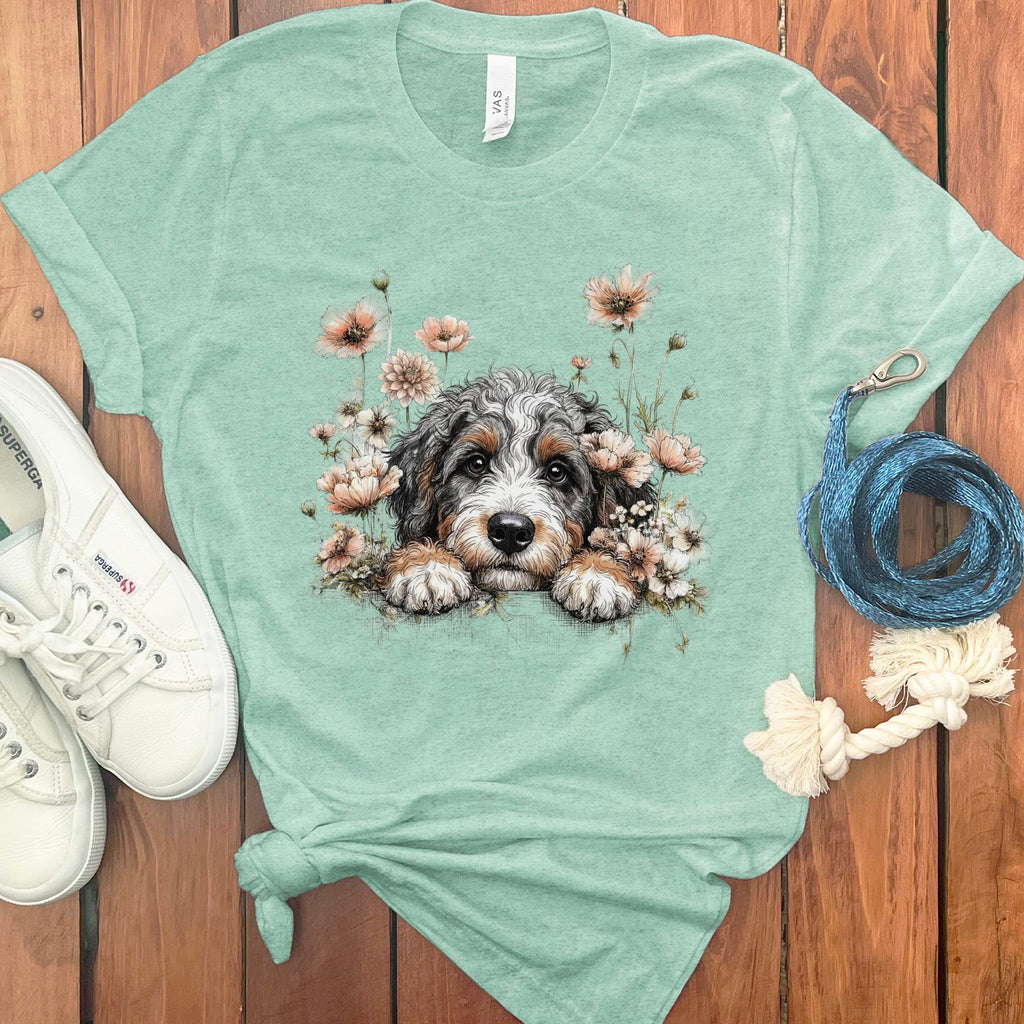 Floral Peeking Aussiedoodle T-Shirt in Heather Mint / S by Puppy Jo