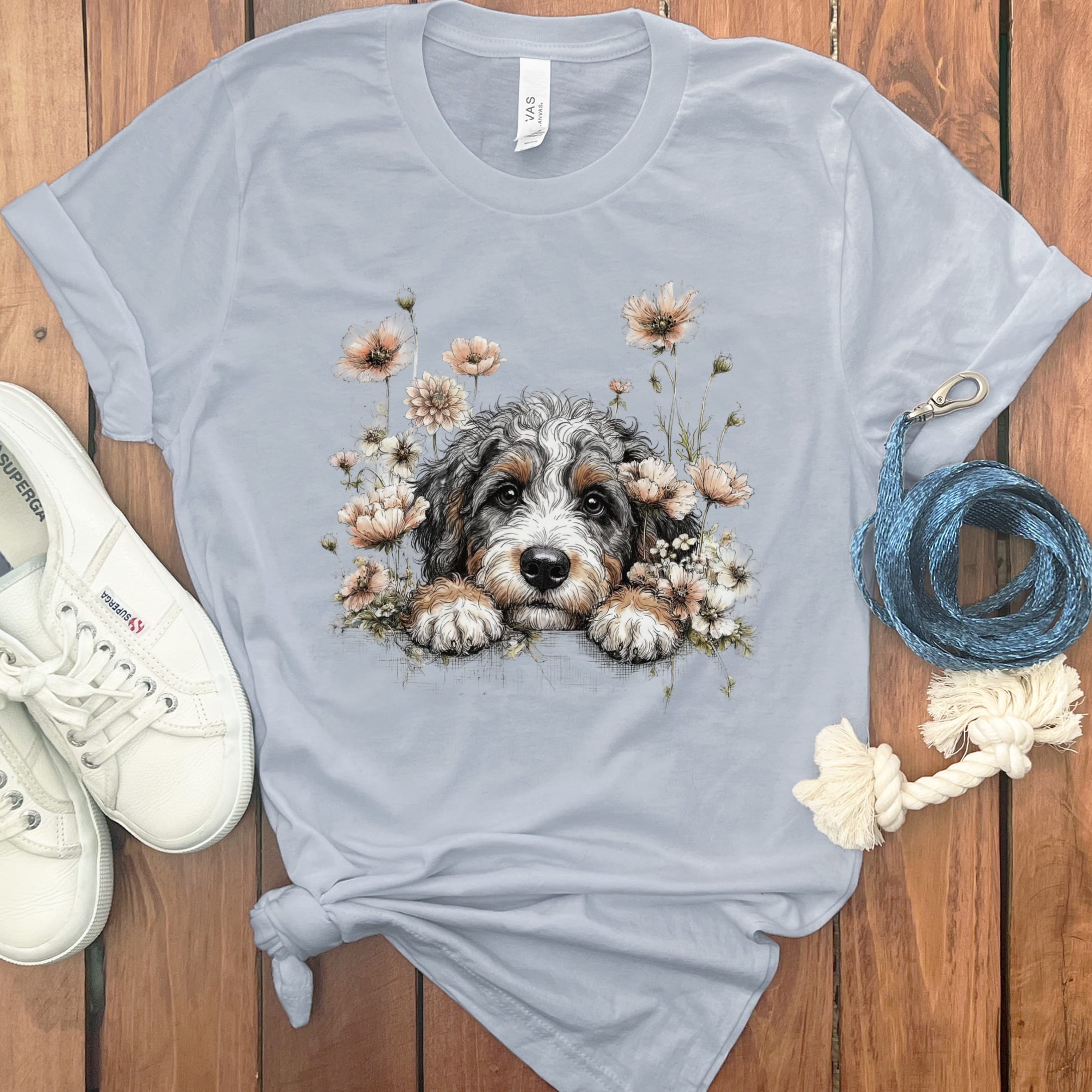 Floral Peeking Aussiedoodle T-Shirt in Light Blue / S by Puppy Jo
