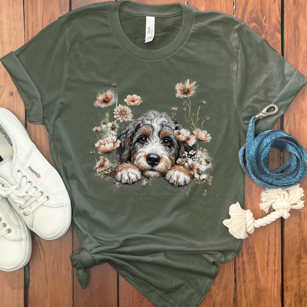 Floral Peeking Aussiedoodle T-Shirt in Military Green / S by Puppy Jo