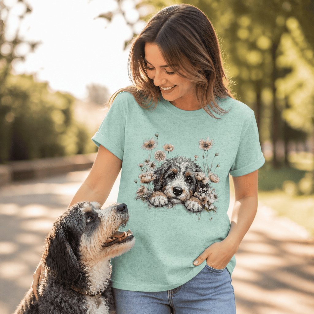 Floral Peeking Aussiedoodle T-Shirt in by Puppy Jo
