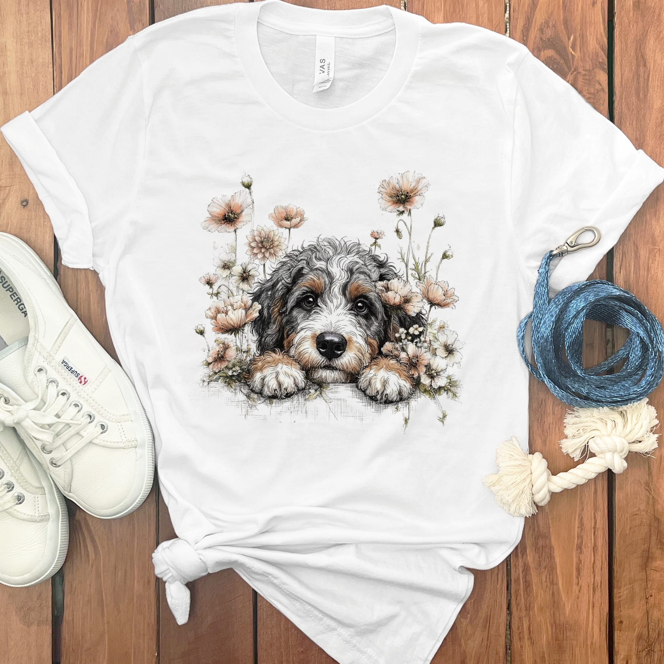 Floral Peeking Aussiedoodle T-Shirt in White / S by Puppy Jo