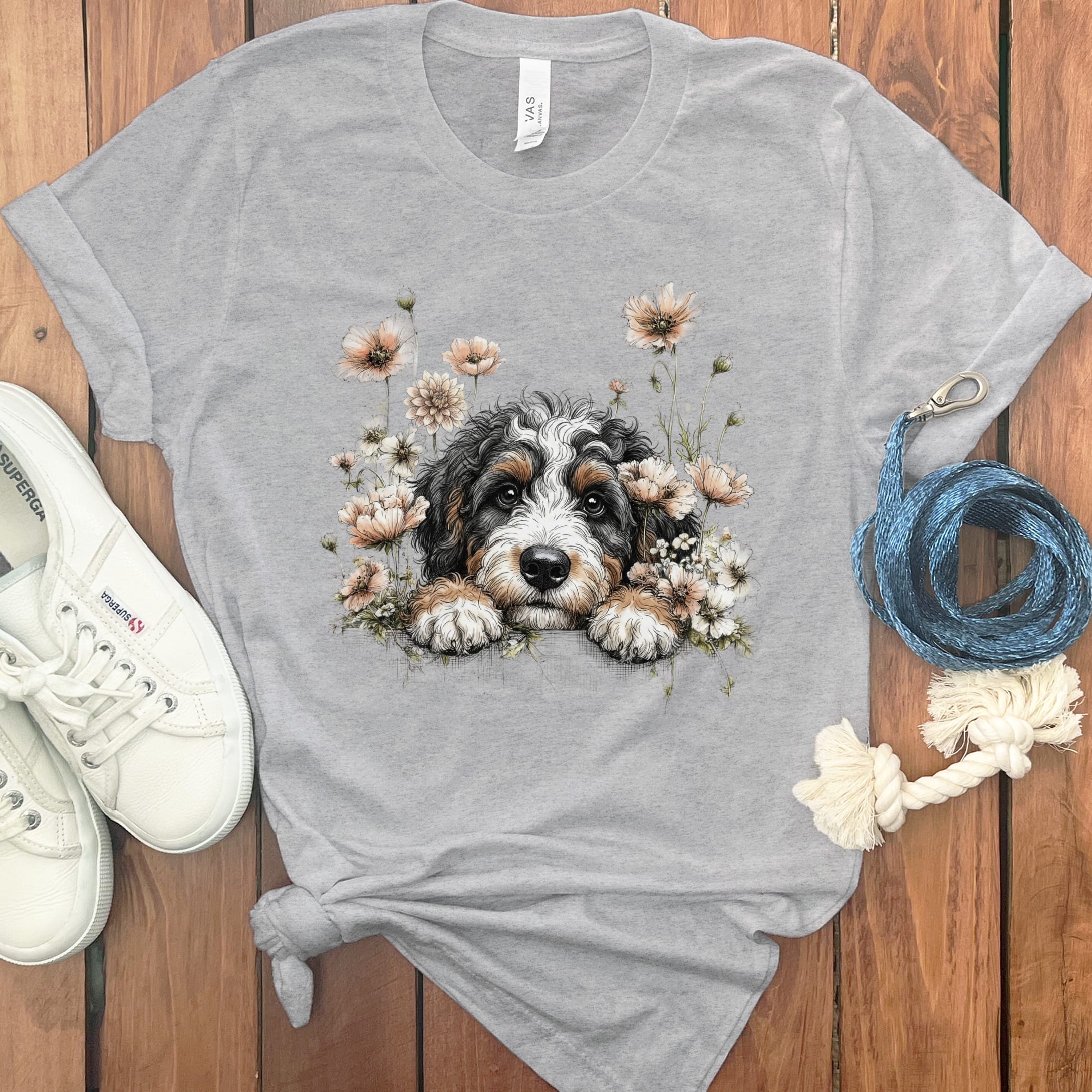 Floral Peeking Bernedoodle T-Shirt in Athletic Heather / S by Puppy Jo