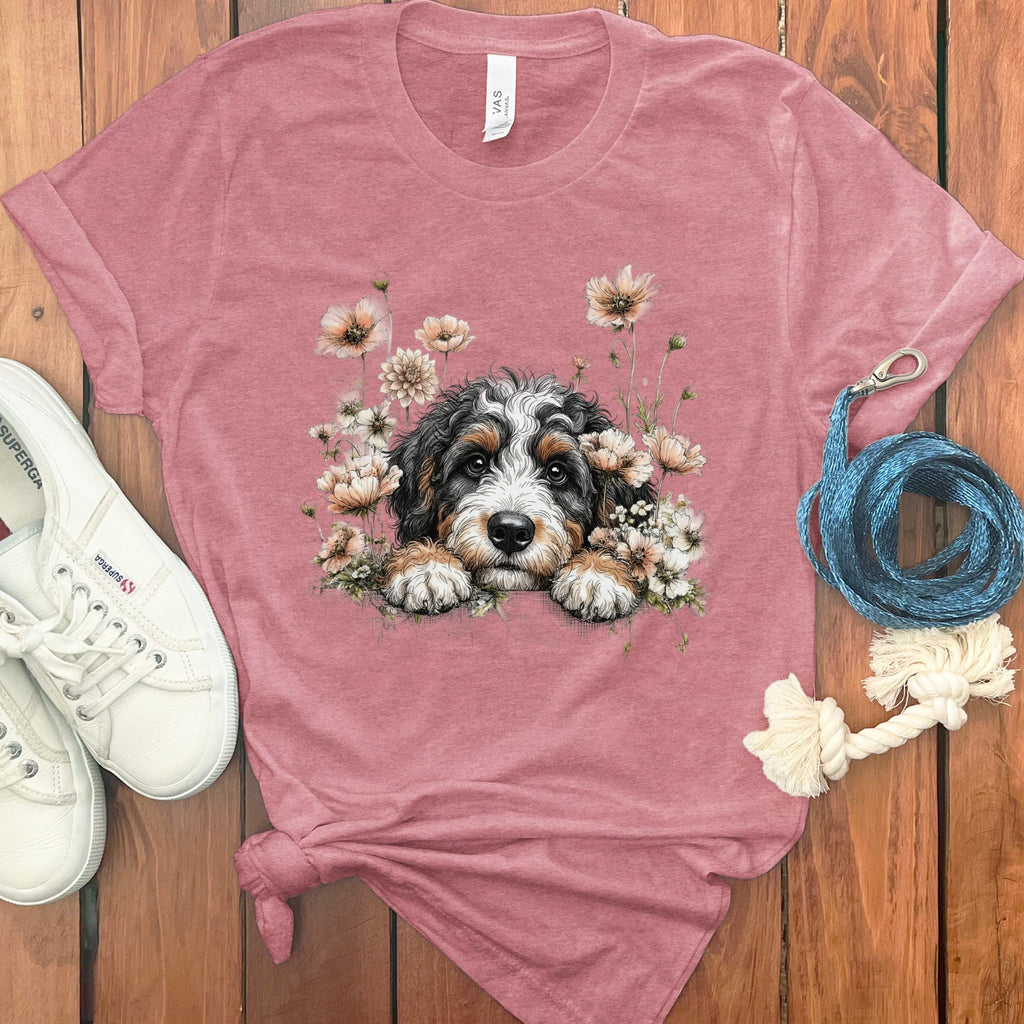 Floral Peeking Bernedoodle T-Shirt in Heather Mauve / S by Puppy Jo
