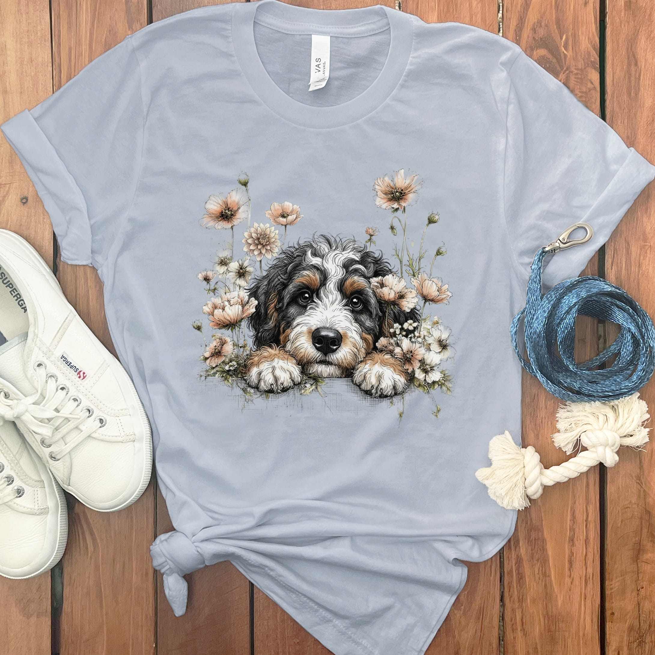 Floral Peeking Bernedoodle T-Shirt in Light Blue / S by Puppy Jo