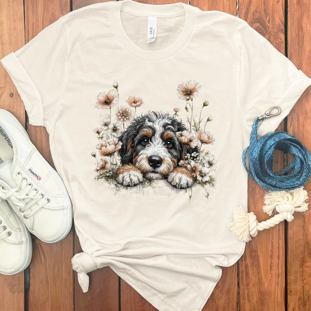 Floral Peeking Bernedoodle T-Shirt in Natural / S by Puppy Jo
