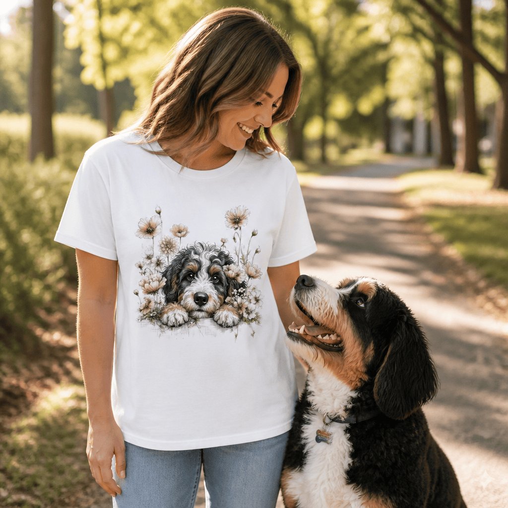 Floral Peeking Bernedoodle T-Shirt in by Puppy Jo
