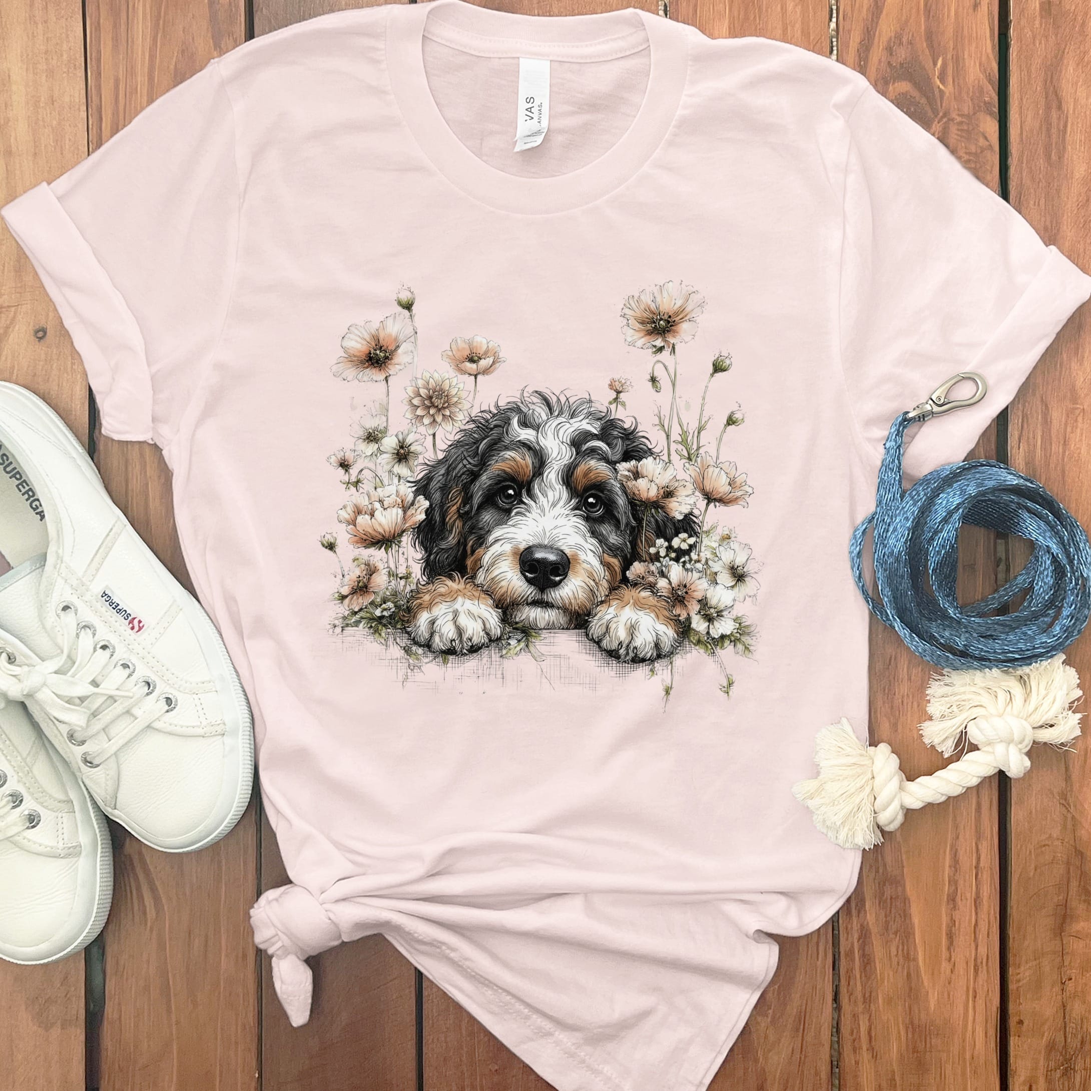 Floral Peeking Bernedoodle T-Shirt in Soft Pink / S by Puppy Jo