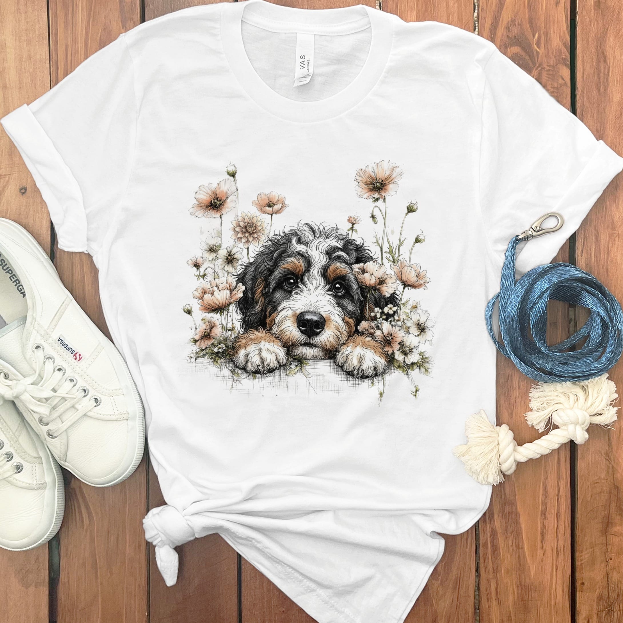 Floral Peeking Bernedoodle T-Shirt in White / S by Puppy Jo