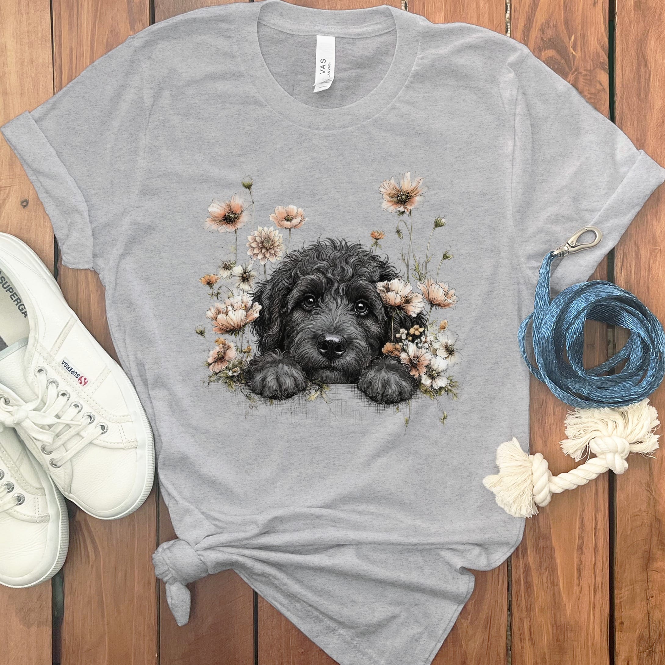 Floral Peeking Black Doodle T-Shirt in Athletic Heather / S by Puppy Jo