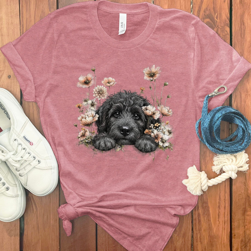 Floral Peeking Black Doodle T-Shirt in Heather Mauve / S by Puppy Jo