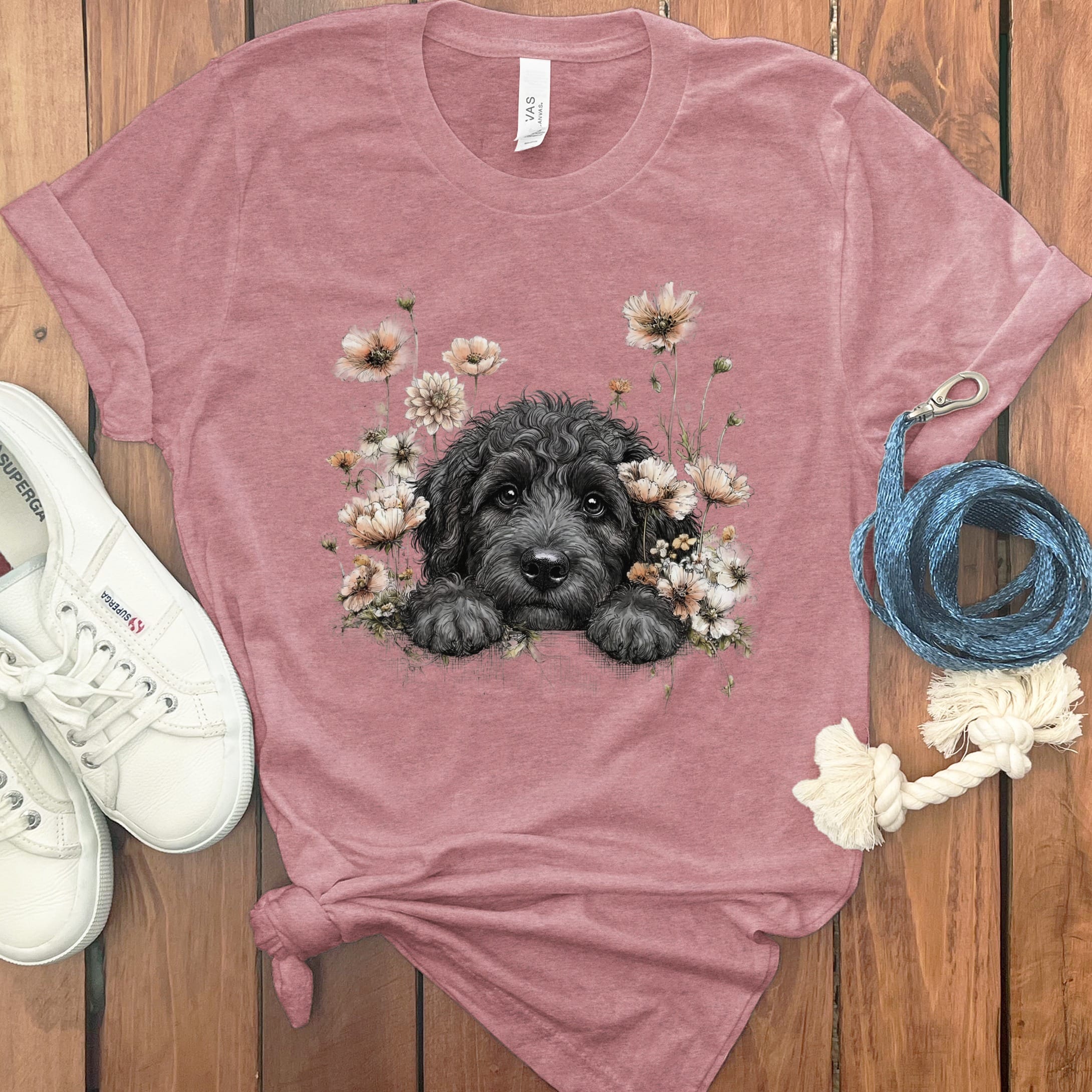 Floral Peeking Black Doodle T-Shirt in Heather Mauve / S by Puppy Jo