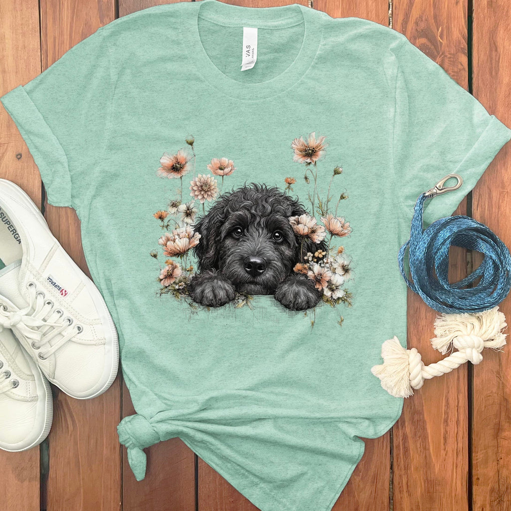 Floral Peeking Black Doodle T-Shirt in Heather Mint / S by Puppy Jo