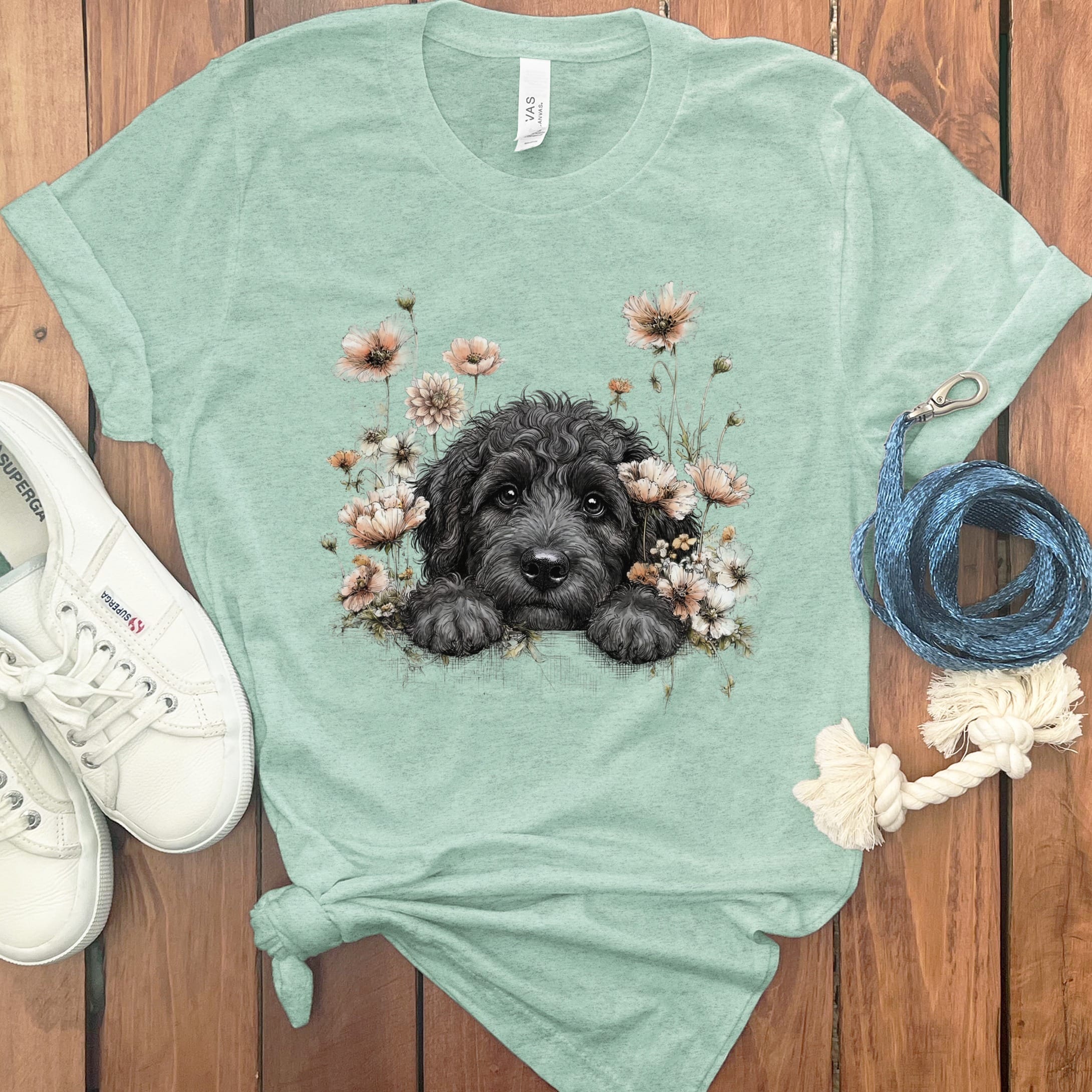 Floral Peeking Black Doodle T-Shirt in Heather Mint / S by Puppy Jo