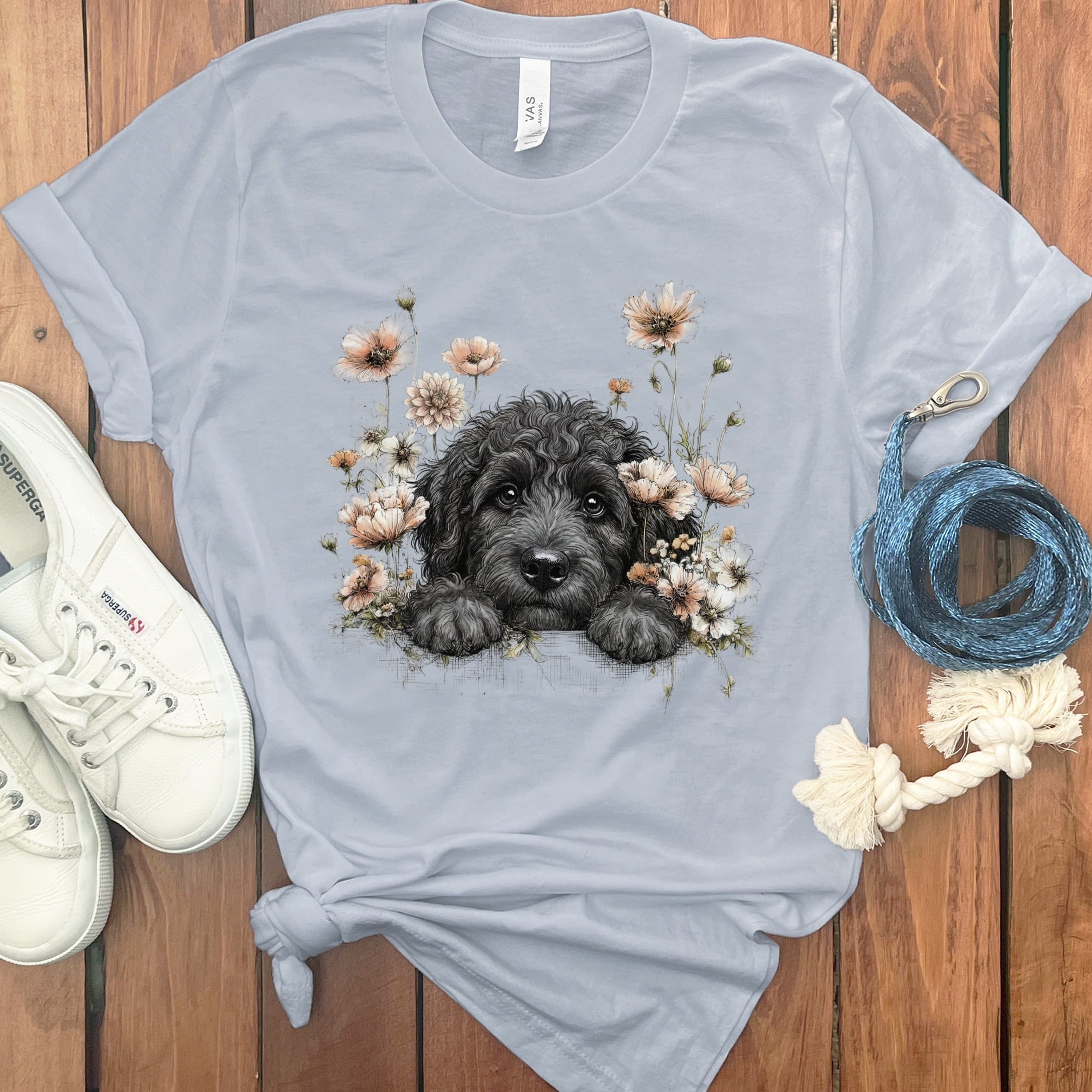 Floral Peeking Black Doodle T-Shirt in Light Blue / S by Puppy Jo