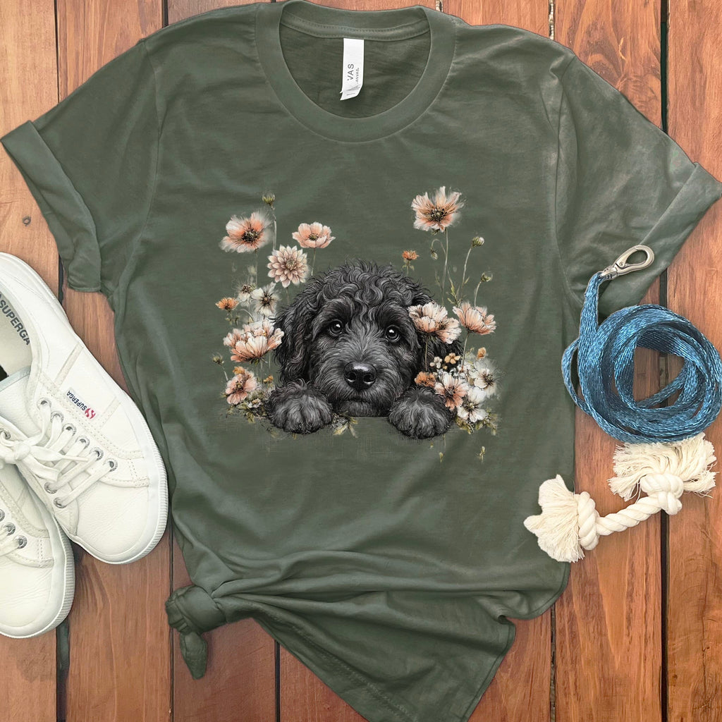 Floral Peeking Black Doodle T-Shirt in Military Green / S by Puppy Jo