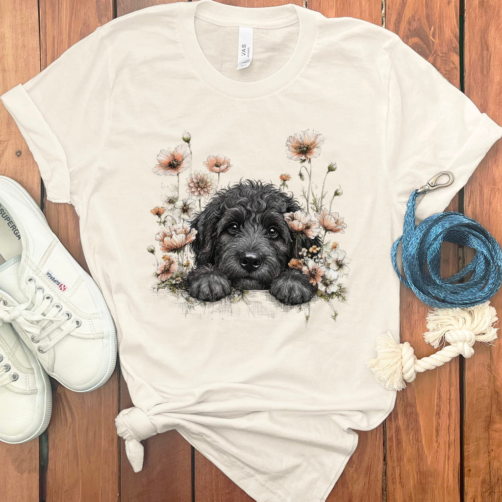 Floral Peeking Black Doodle T-Shirt in Natural / S by Puppy Jo