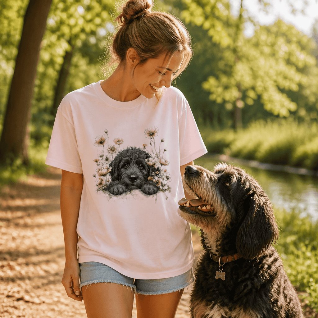 Floral Peeking Black Doodle T-Shirt in by Puppy Jo