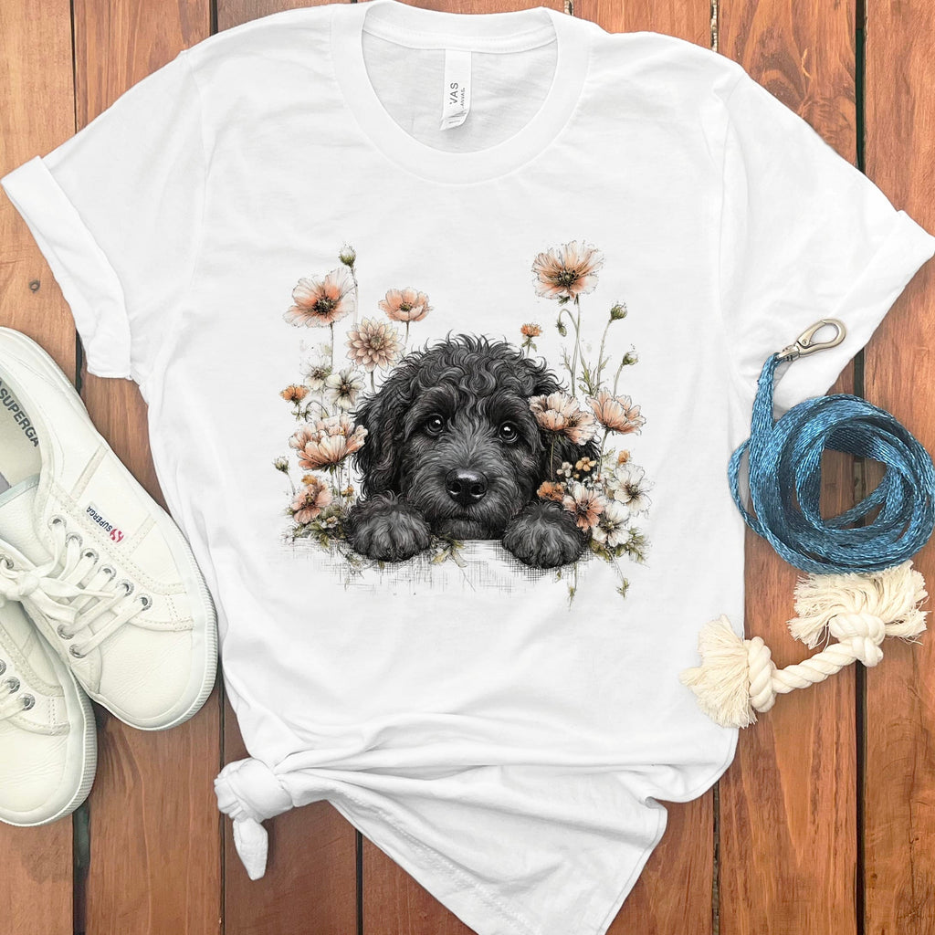 Floral Peeking Black Doodle T-Shirt in White / S by Puppy Jo