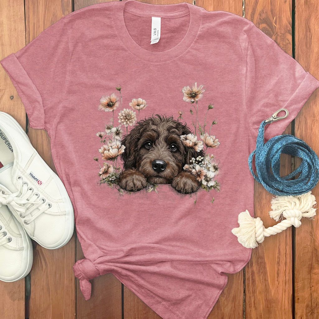 Floral Peeking Chocolate Doodle T-Shirt in Heather Mauve / S by Puppy Jo