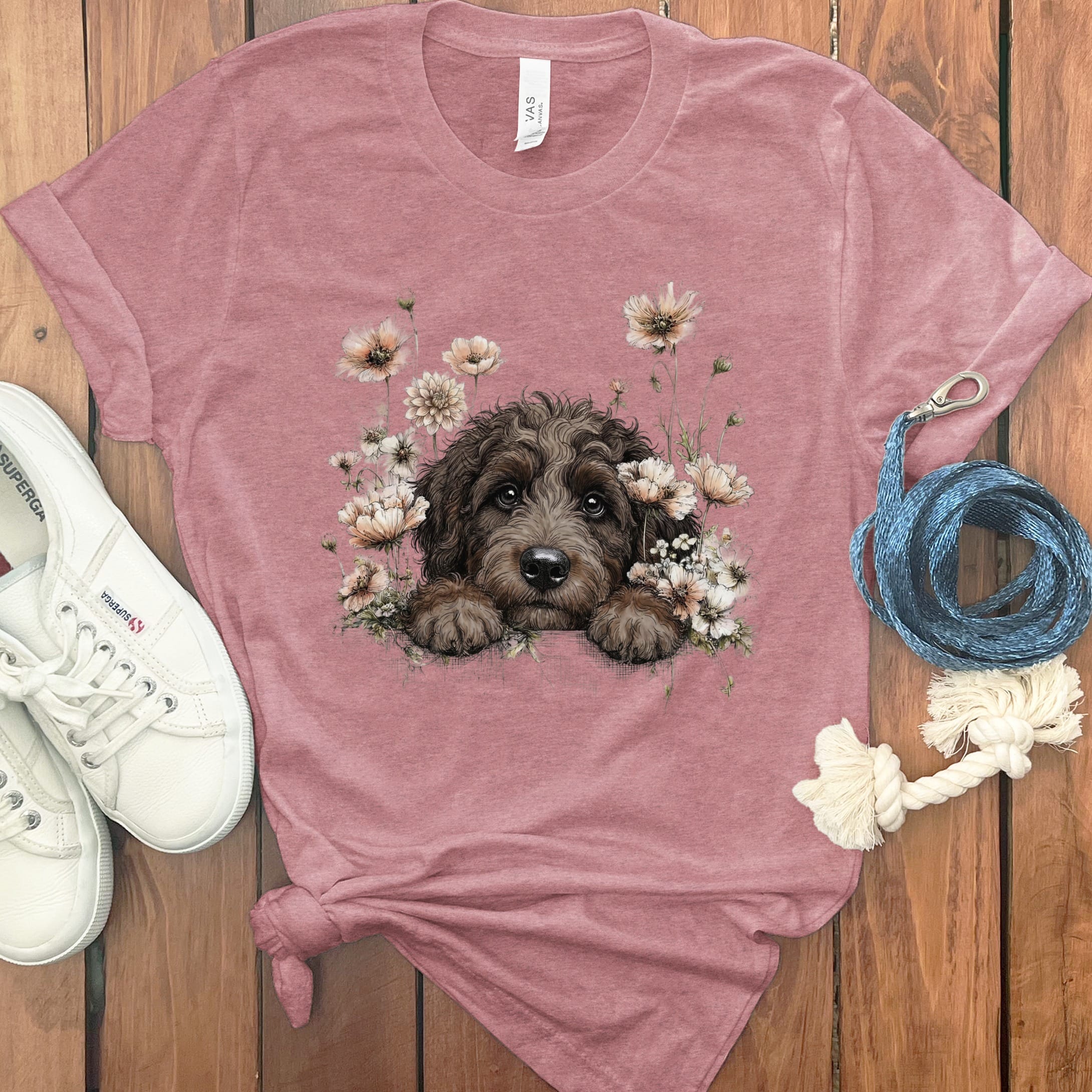 Floral Peeking Chocolate Doodle T-Shirt in Heather Mauve / S by Puppy Jo