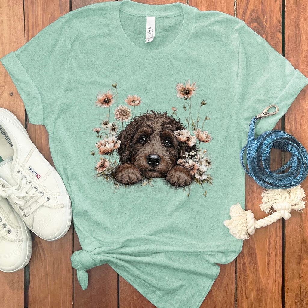 Floral Peeking Chocolate Doodle T-Shirt in Heather Mint / S by Puppy Jo