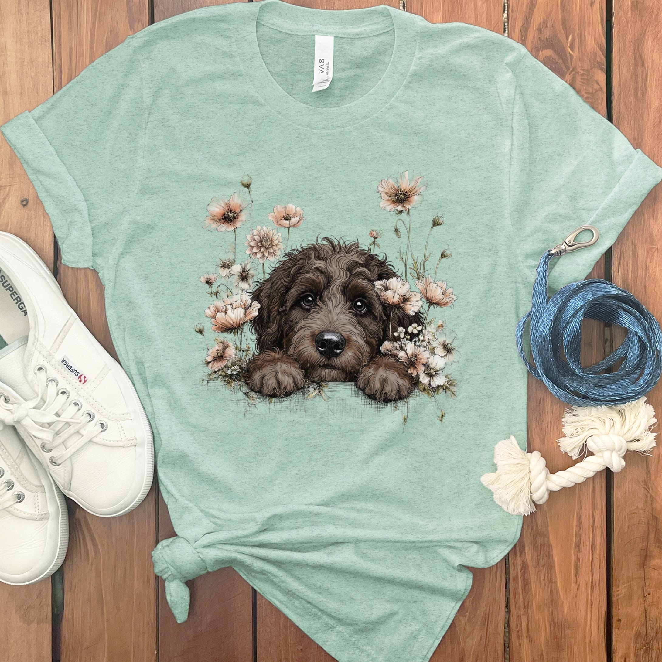Floral Peeking Chocolate Doodle T-Shirt in Heather Mint / S by Puppy Jo