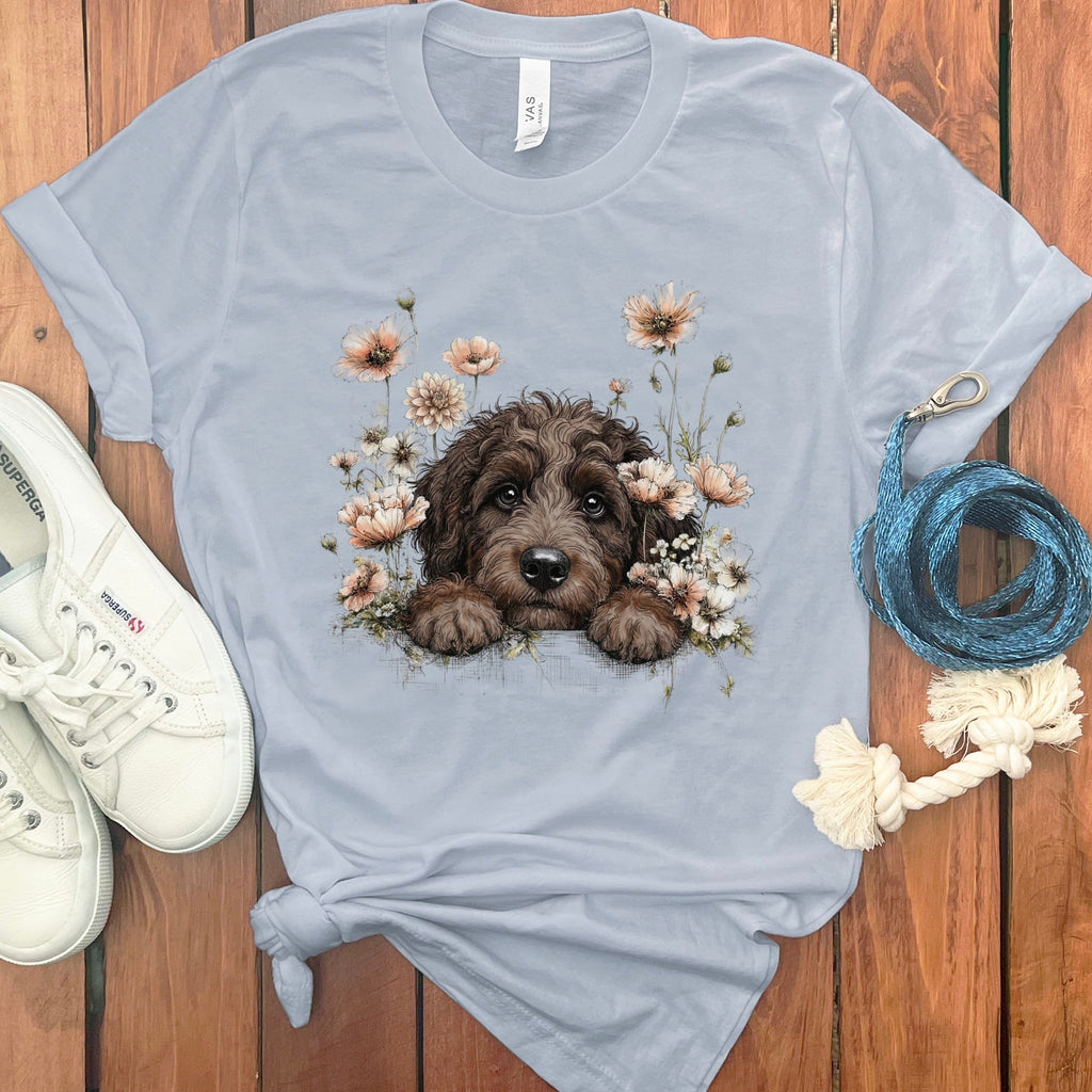 Floral Peeking Chocolate Doodle T-Shirt in Light Blue / S by Puppy Jo