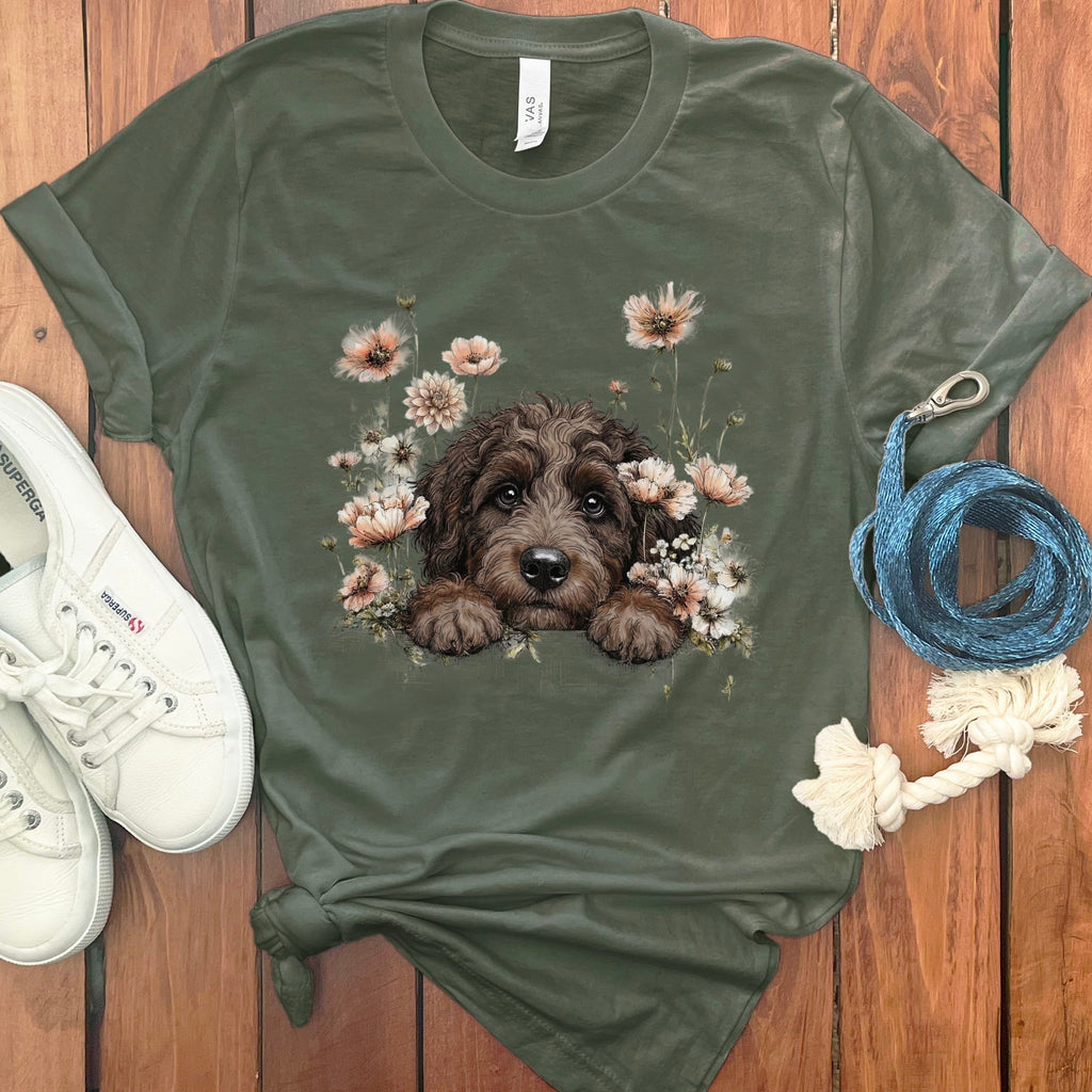 Floral Peeking Chocolate Doodle T-Shirt in Military Green / S by Puppy Jo