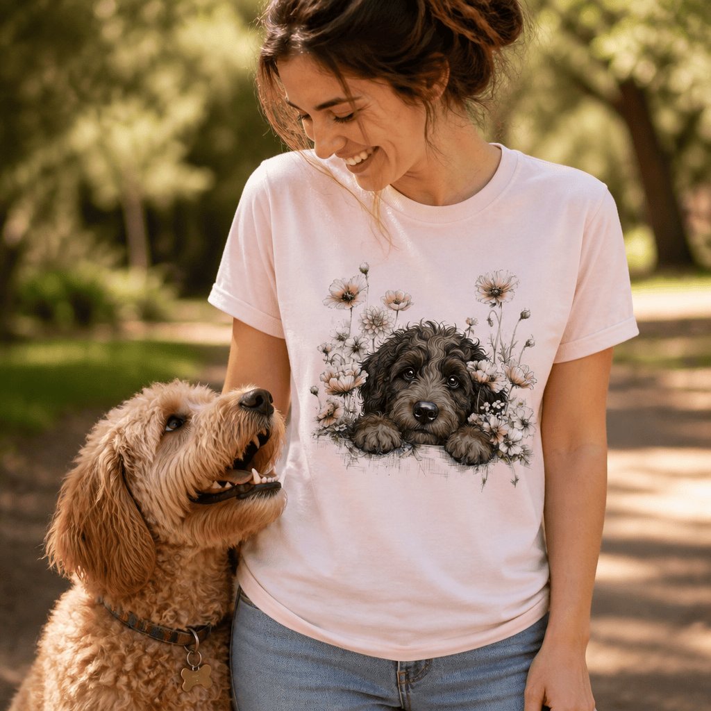 Floral Peeking Chocolate Doodle T-Shirt in by Puppy Jo