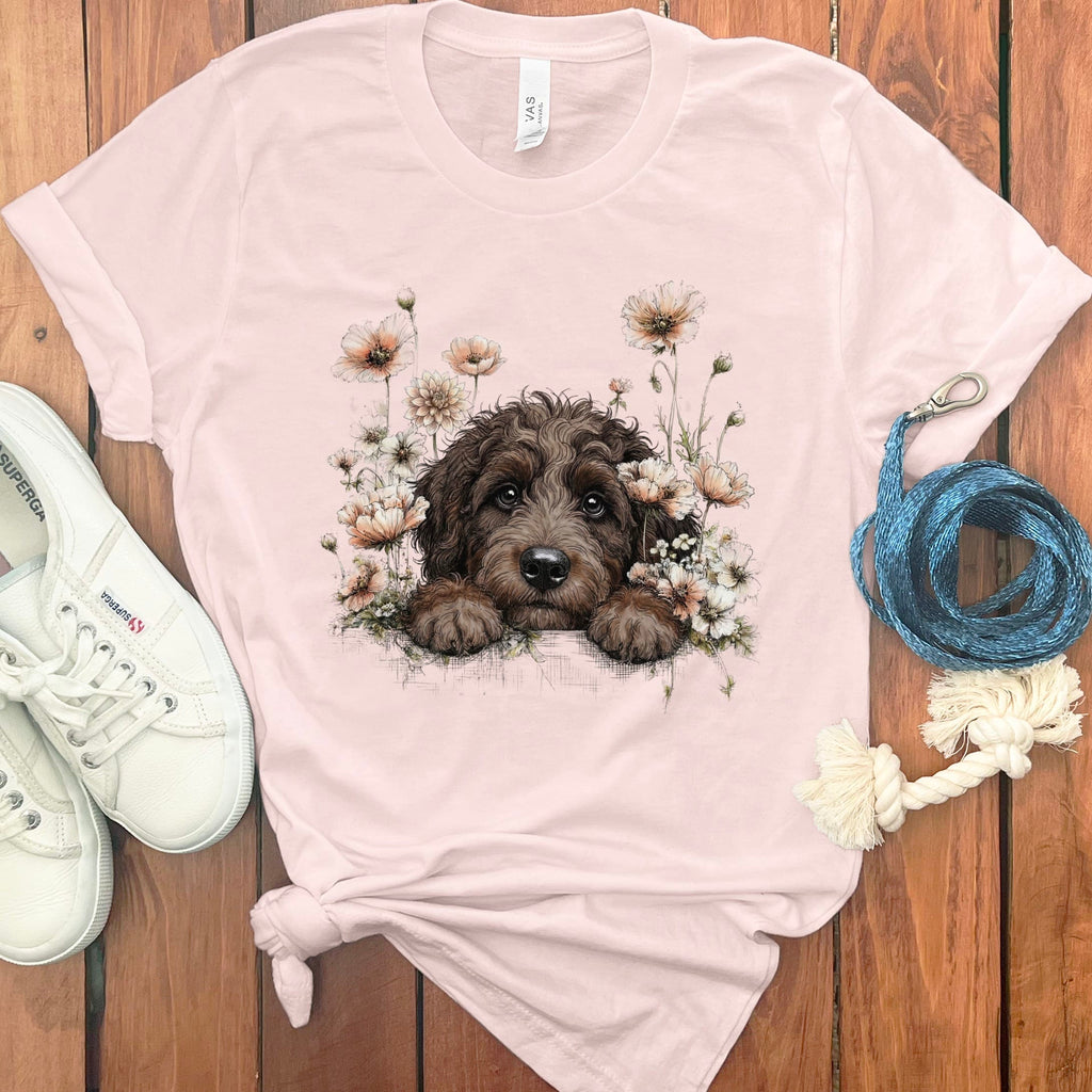 Floral Peeking Chocolate Doodle T-Shirt in Soft Pink / S by Puppy Jo