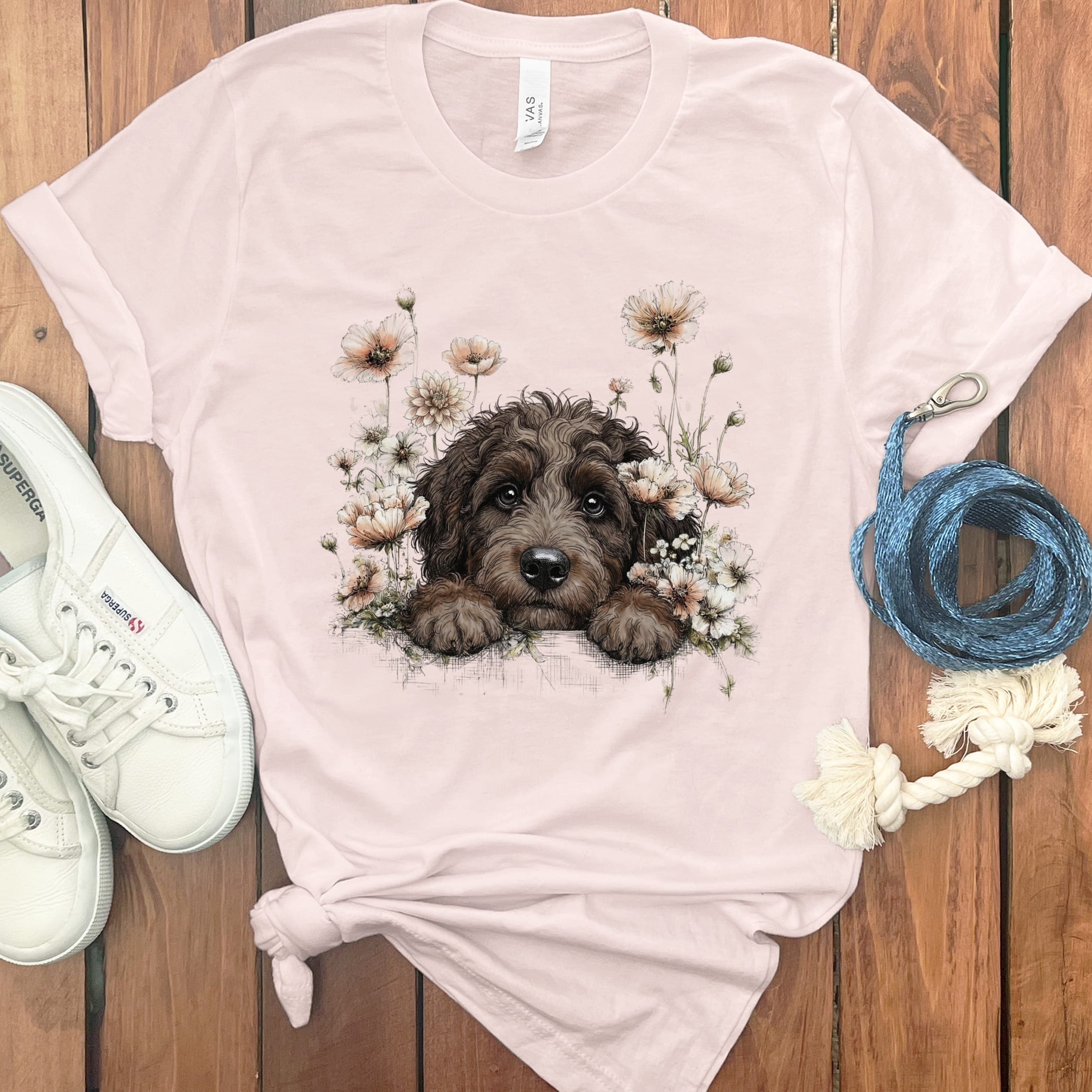 Floral Peeking Chocolate Doodle T-Shirt in Soft Pink / S by Puppy Jo