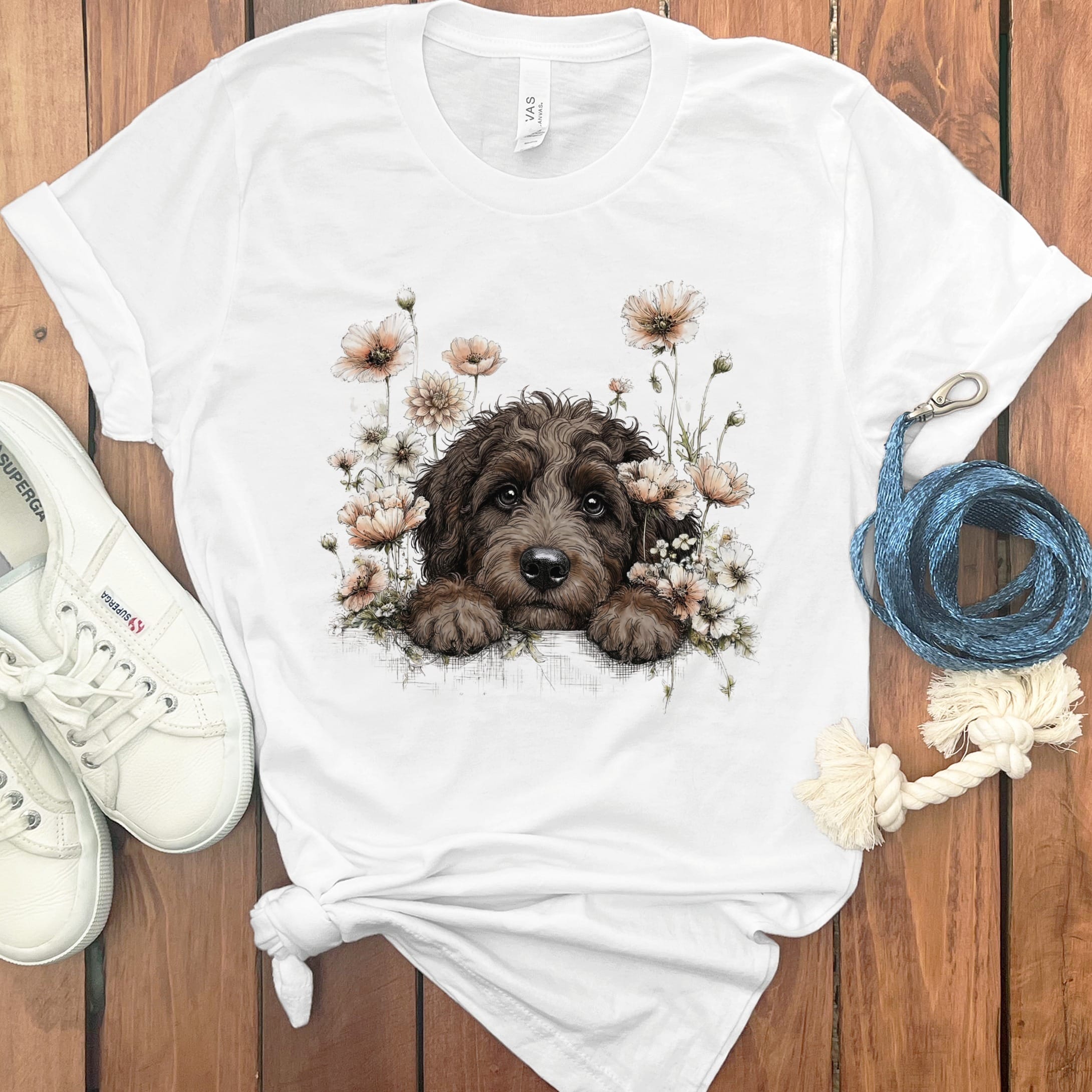 Floral Peeking Chocolate Doodle T-Shirt in White / S by Puppy Jo