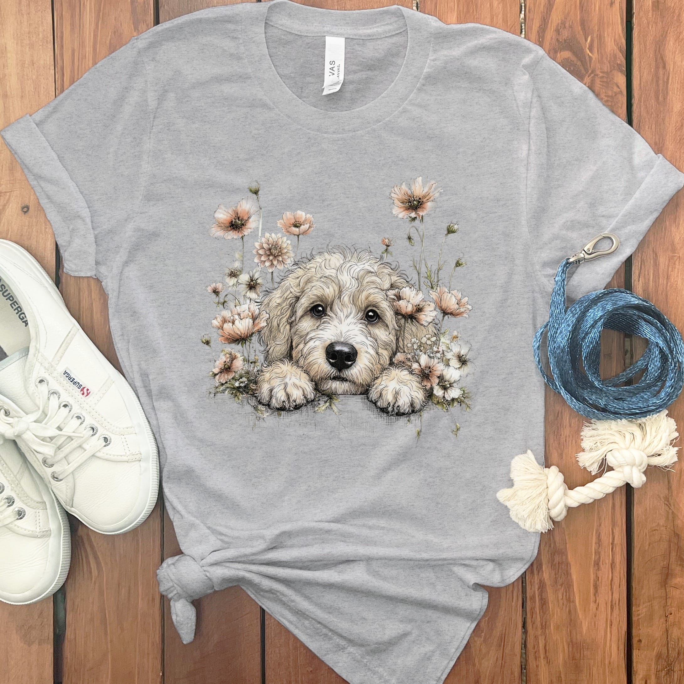 Floral Peeking Cream Doodle T-Shirt in Athletic Heather / S by Puppy Jo