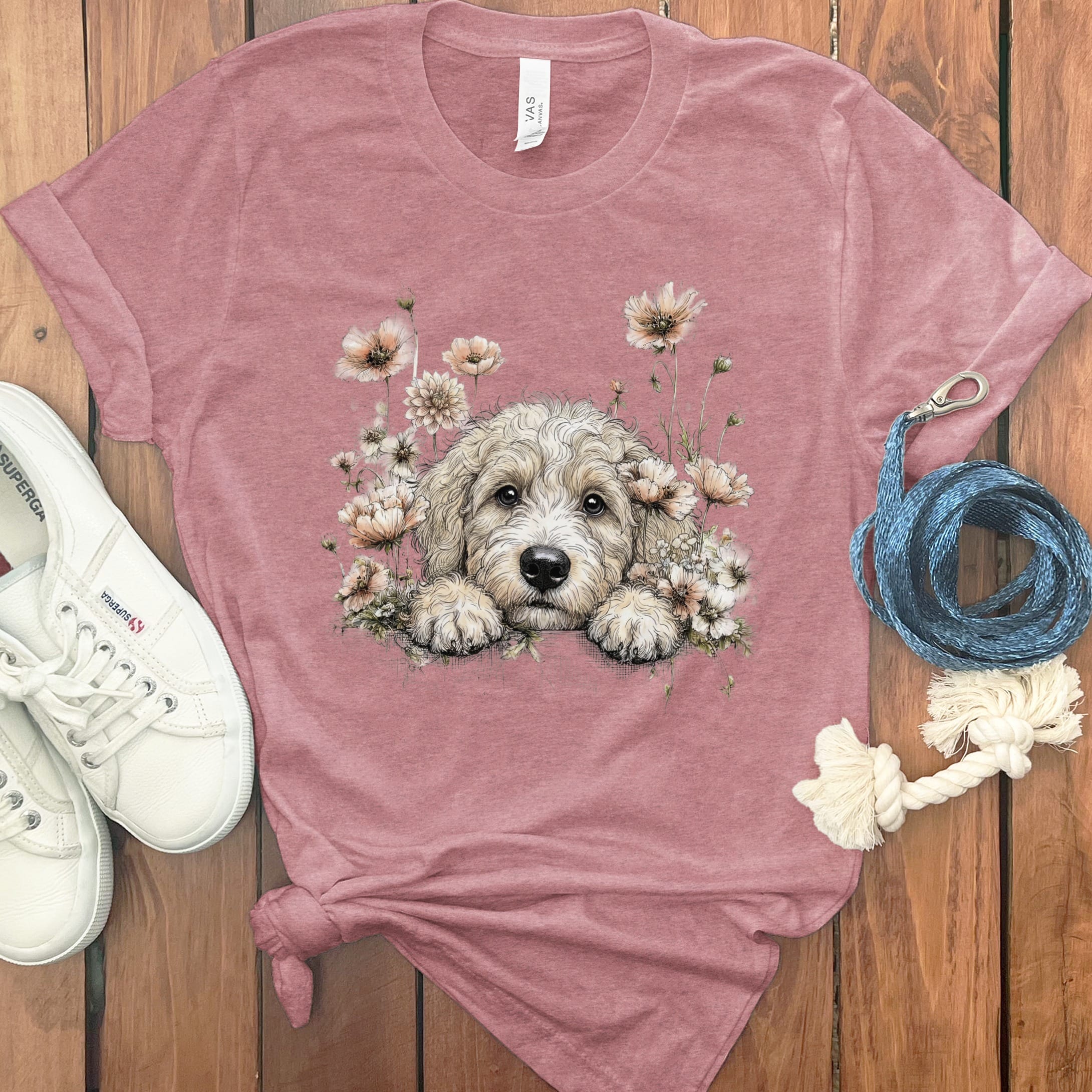 Floral Peeking Cream Doodle T-Shirt in Heather Mauve / S by Puppy Jo