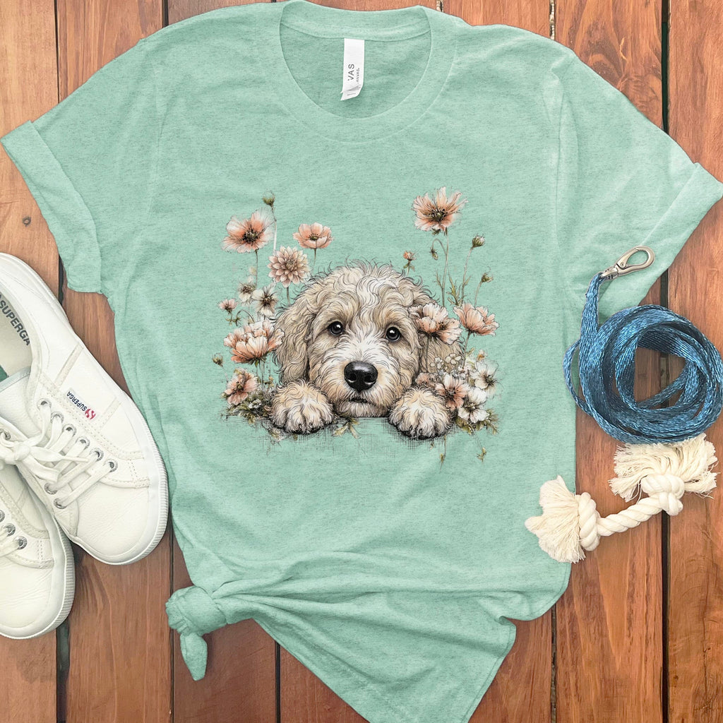 Floral Peeking Cream Doodle T-Shirt in Heather Mint / S by Puppy Jo